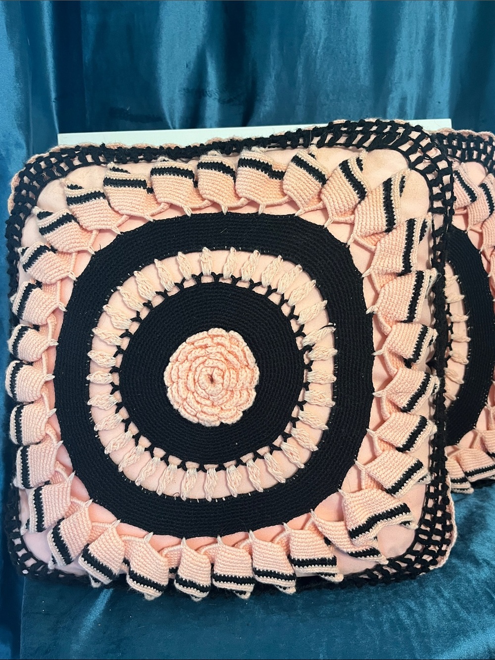 Handmade Crochet Pillow Cover in Pinkish Peach  and Black